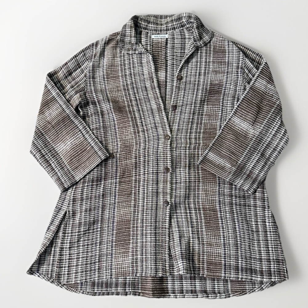 Yasuko Kurisaka Brown Striped Woven‎ Cotton Button Jacket One Size Lagenlook